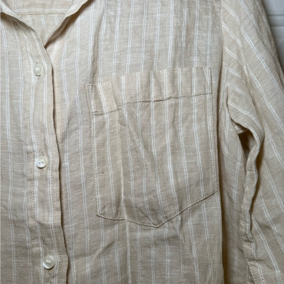 Gap Woman’s Boyfriend Shirt Linen Tan And Ivory Stripe Button Up Small Collar - Picture 4 of 6